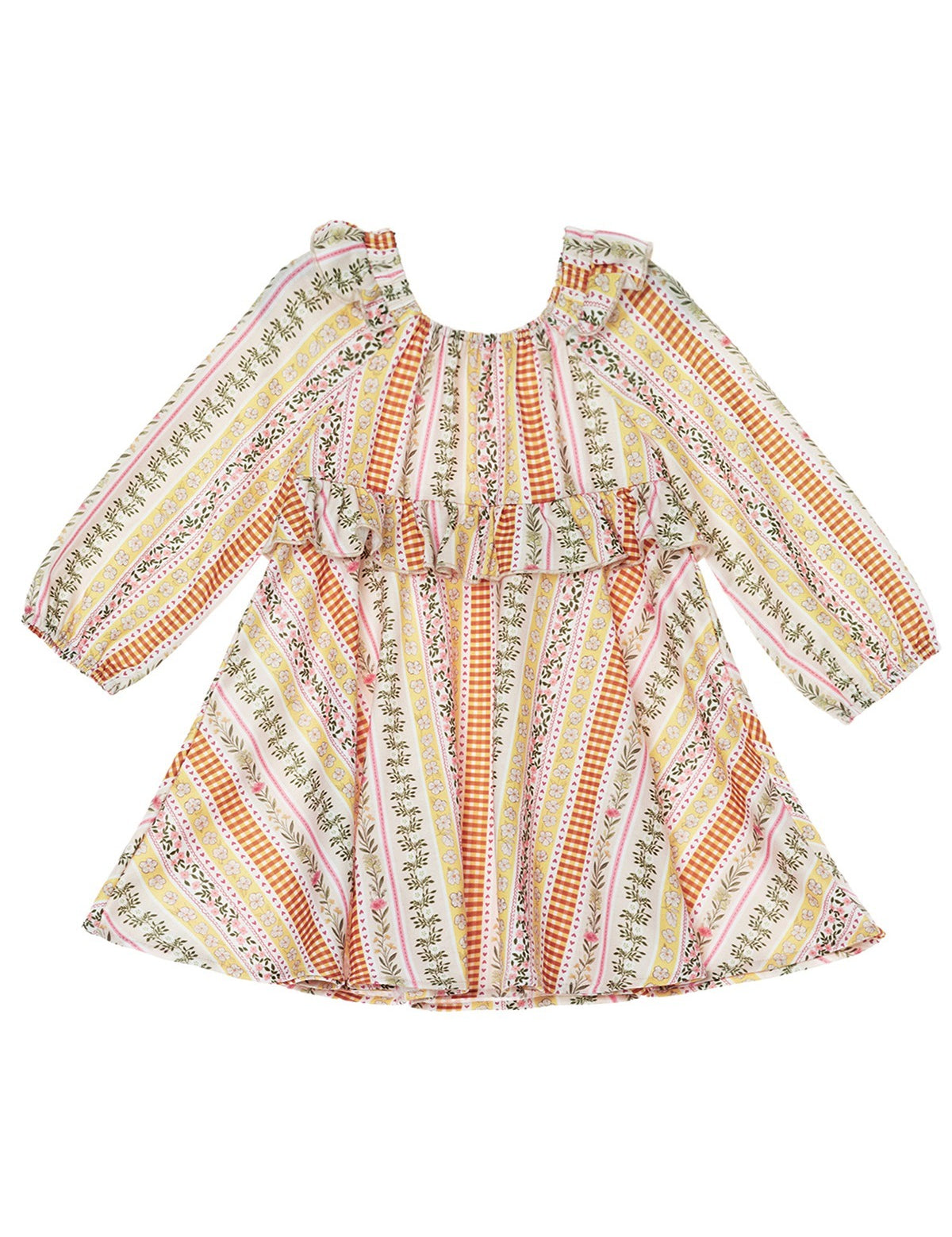 Buttercup Blossom Long Sleeve Print Ruffle Tie Shoulder A Line Dress