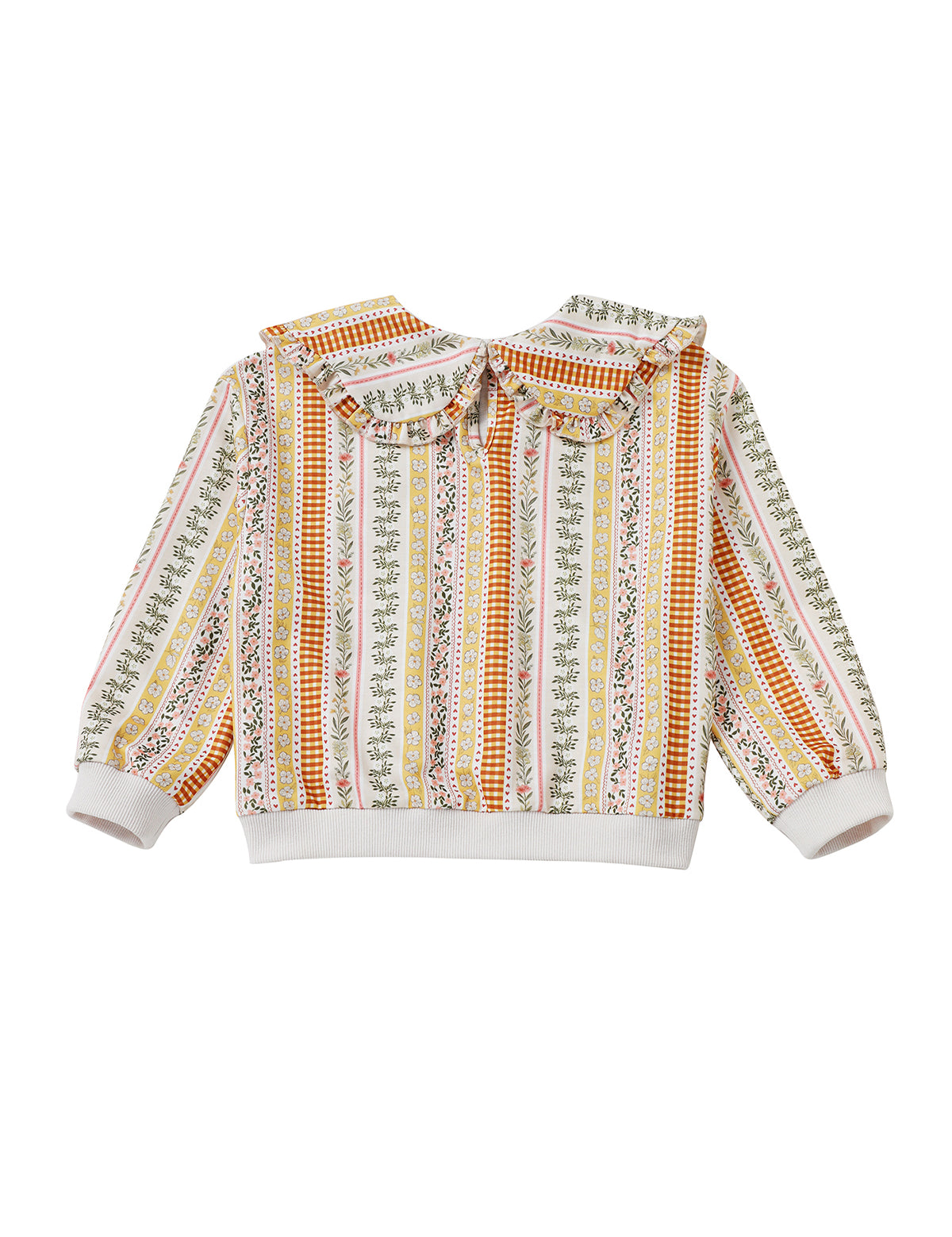 Buttercup Blossom Long Sleeve Striped Floral Ruffle Collar Sweater