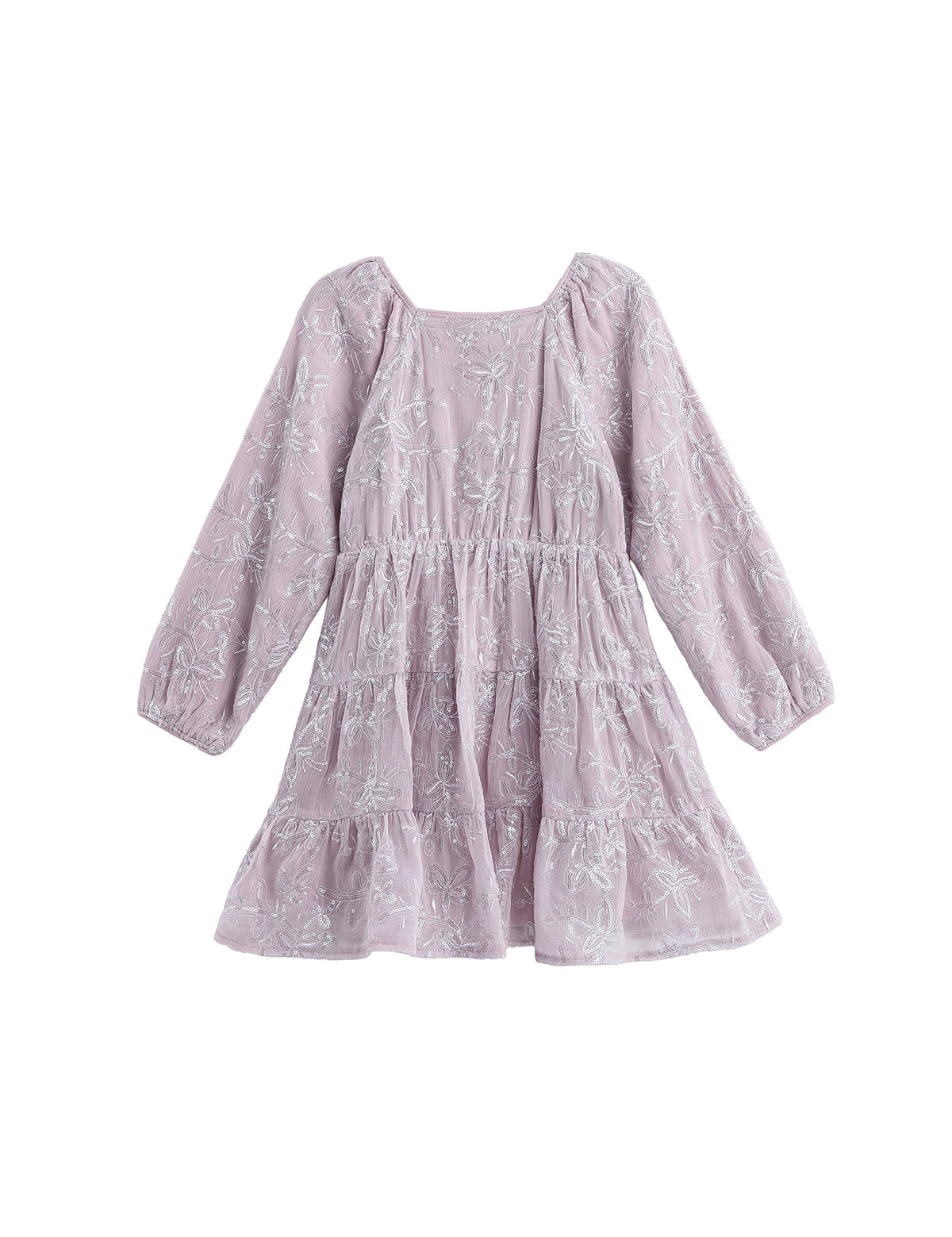 Sugarplum Sparkle Long Sleeve Floral Sequin Square Neck Tiered Dress