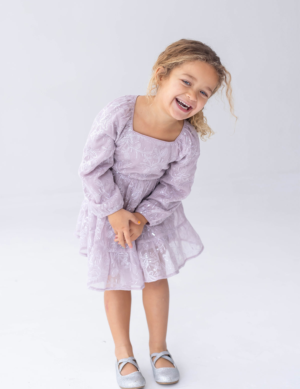 Sugarplum Sparkle Long Sleeve Floral Sequin Square Neck Tiered Dress