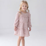 Dusty Rose Long Sleeve Floral Sequin Ruffle Yoke Tiered Dress