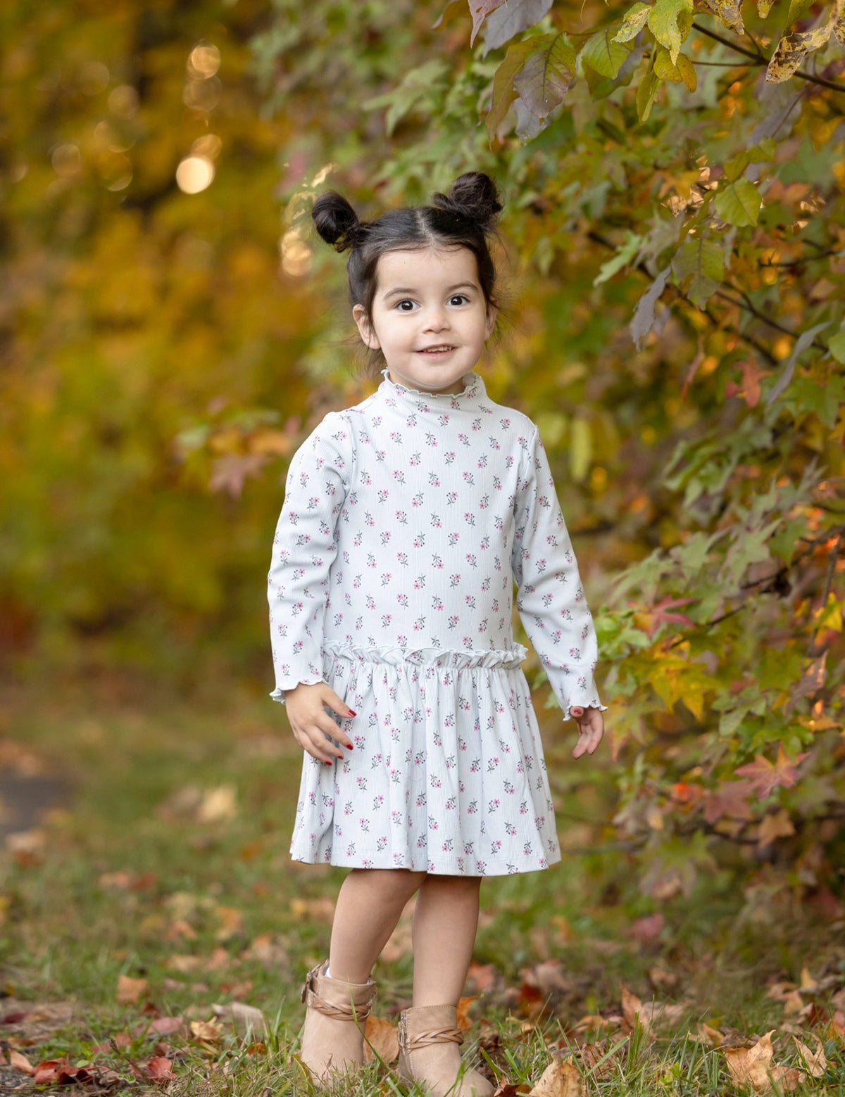 Petite Petal Long Sleeve Floral Ruffle Trim Dropwaist Dress