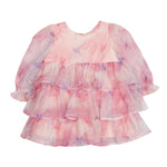 Introducing the Berry Swirl Watercolor Print Dress from Isobella and Chloe—a pink and purple long-sleeve chiffon dress for children. Crafted from lightweight, sheer fabric with an enchanting watercolor pattern, this dress features a round neckline and layered ruffles for a soft, flowing look.