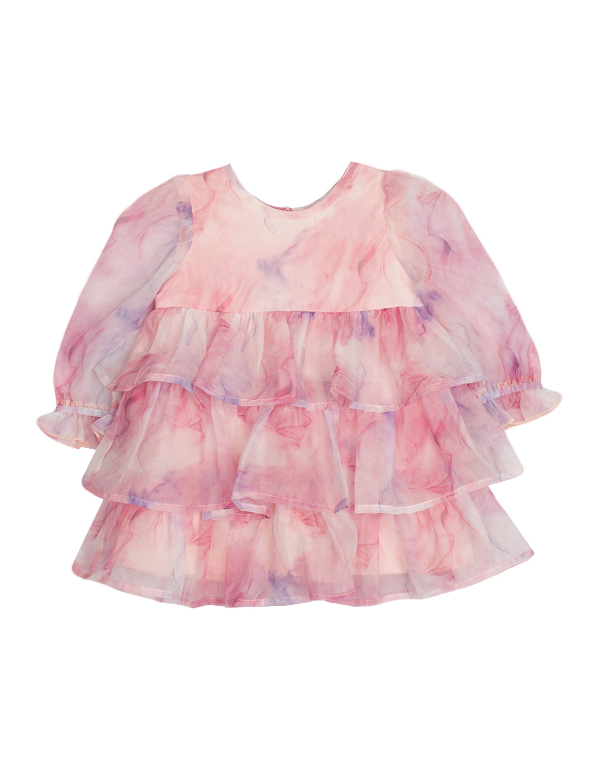 Introducing the Berry Swirl Watercolor Print Dress from Isobella and Chloe—a pink and purple long-sleeve chiffon dress for children. Crafted from lightweight, sheer fabric with an enchanting watercolor pattern, this dress features a round neckline and layered ruffles for a soft, flowing look.