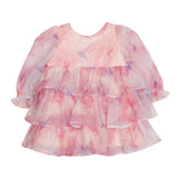 Introducing the Berry Swirl Watercolor Print Dress from Isobella and Chloe—a pink and purple long-sleeve chiffon dress for children. Crafted from lightweight, sheer fabric with an enchanting watercolor pattern, this dress features a round neckline and layered ruffles for a soft, flowing look.