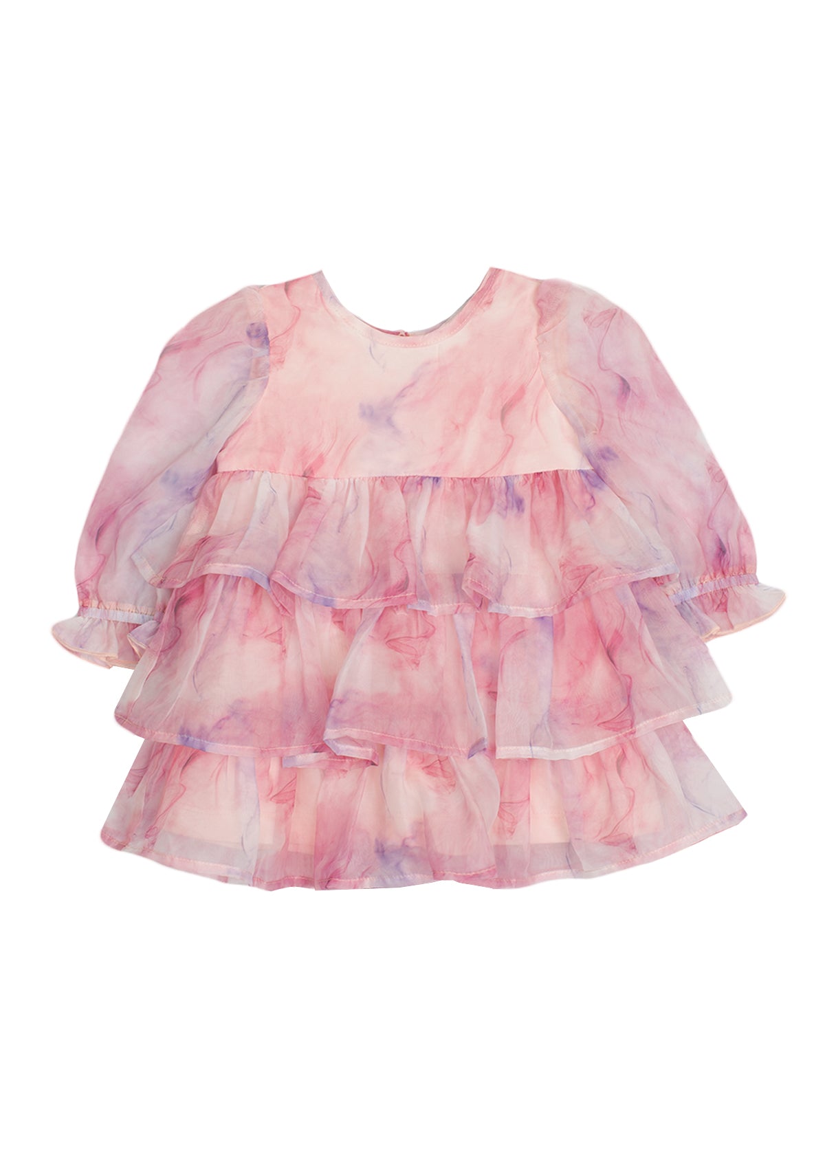 Introducing the Berry Swirl Watercolor Print Dress from Isobella and Chloe—a pink and purple long-sleeve chiffon dress for children. Crafted from lightweight, sheer fabric with an enchanting watercolor pattern, this dress features a round neckline and layered ruffles for a soft, flowing look.