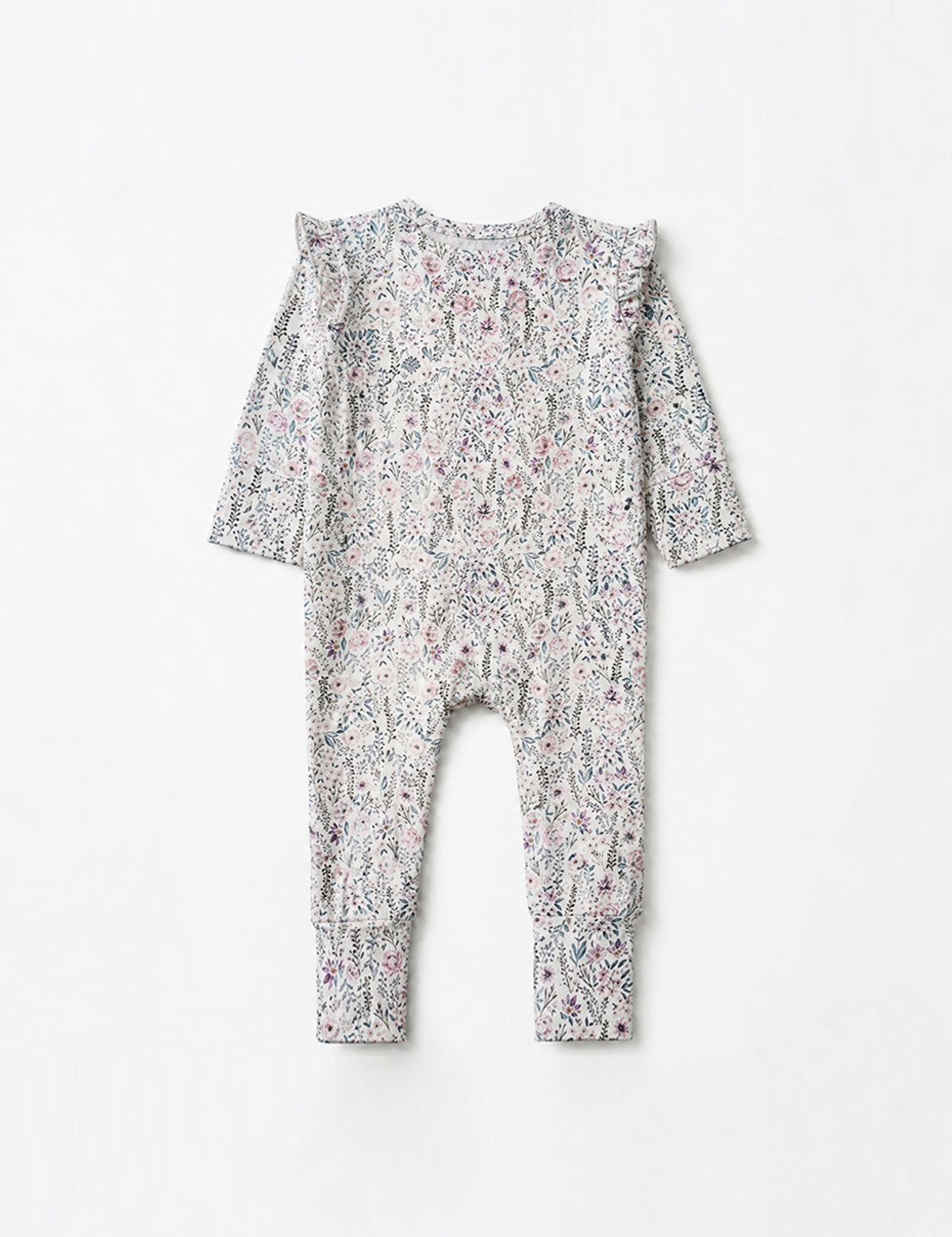Whimsical Wildflower Long Sleeve Floral Ruffle Shoulder Zip Front Convertible Romper