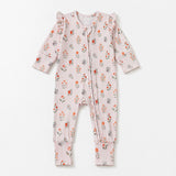 The Amelia Rose Convertible Romper by Mabel + Honey is a long-sleeve, straight leg romper featuring a pink floral pattern with soft pink stripes, ruffled shoulders, and a convenient front zipper, shown flat against a white background.