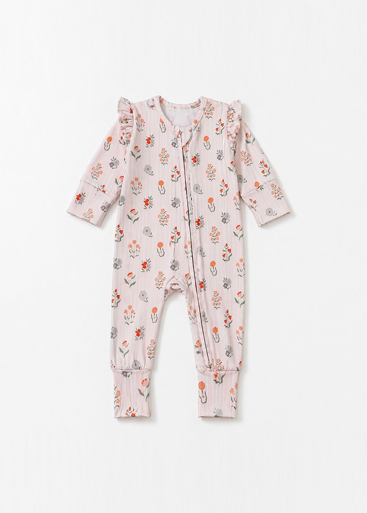 The Amelia Rose Convertible Romper by Mabel + Honey is a long-sleeve, straight leg romper featuring a pink floral pattern with soft pink stripes, ruffled shoulders, and a convenient front zipper, shown flat against a white background.
