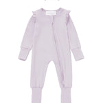 The Mabel + Honey Soft Meadow Convertible Romper features soft tencel knit in a light purple long-sleeve design with ruffle shoulders and a convenient front zipper. This solid convertible romper comes paired with a matching headband topped with a sweet bow, creating an adorable, coordinated look for your baby girl.