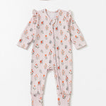 The Amelia Rose Convertible Romper by Mabel + Honey features a charming long sleeve floral print design with ruffled shoulders and comes with a matching headband, shown here laid flat on a white background.