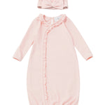 Introducing the Mabel + Honey Amelia Rose Newborn Gown—this long sleeve, soft pink gown features delicate ruffle trim and comes with a matching hat adorned with a stylish front knot. Displayed on a clean white background, this charming set provides both comfort and adorable style for your newborn.