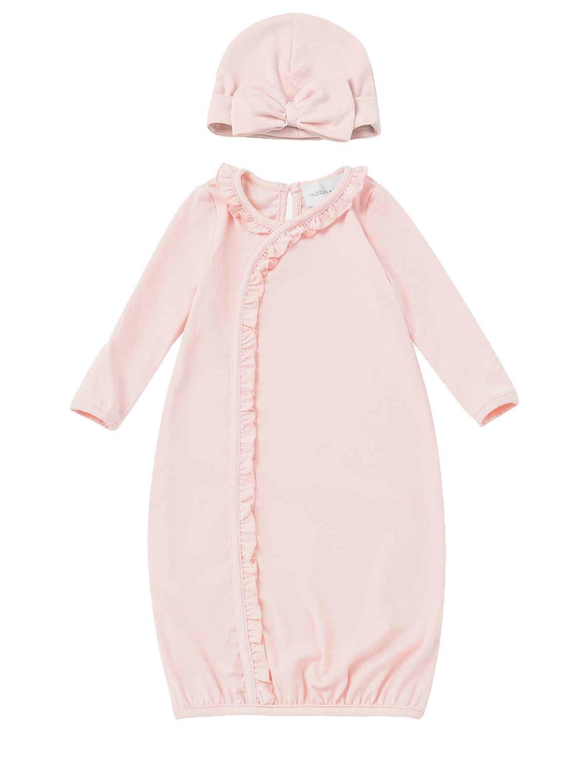 Introducing the Mabel + Honey Amelia Rose Newborn Gown—this long sleeve, soft pink gown features delicate ruffle trim and comes with a matching hat adorned with a stylish front knot. Displayed on a clean white background, this charming set provides both comfort and adorable style for your newborn.
