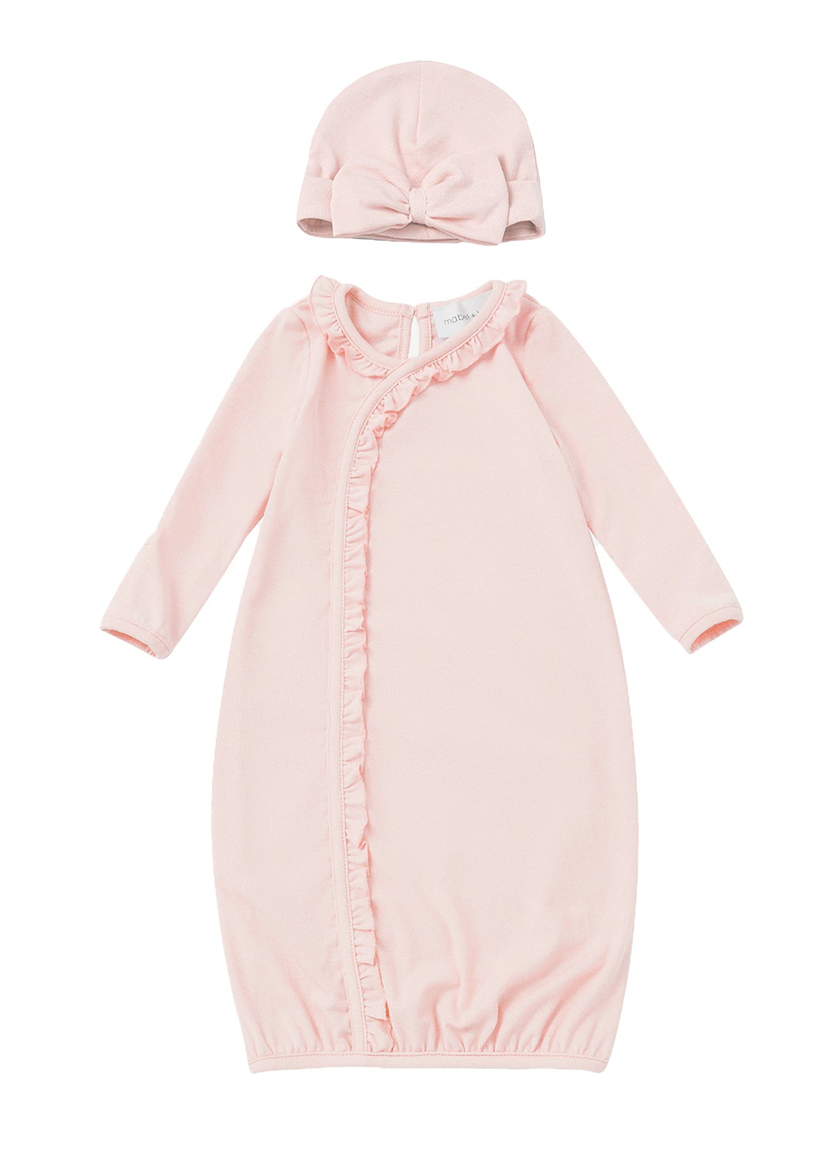 Introducing the Mabel + Honey Amelia Rose Newborn Gown—this long sleeve, soft pink gown features delicate ruffle trim and comes with a matching hat adorned with a stylish front knot. Displayed on a clean white background, this charming set provides both comfort and adorable style for your newborn.