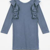 Candy Land Knit Dress Long Sleeve Ribbed Ruffle Chest Dress in Blue