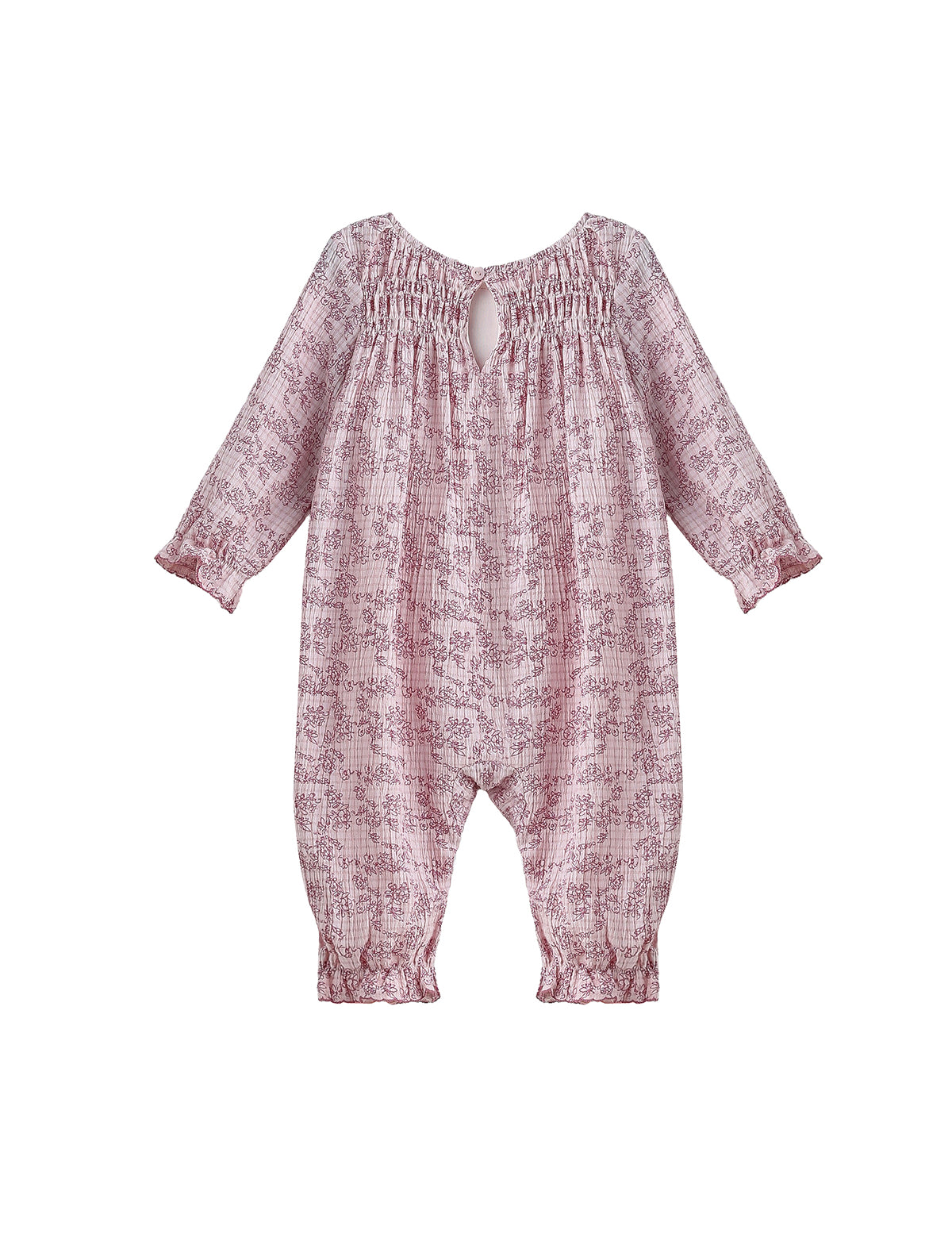 Loretta Long Sleeve Floral Smocked Ruffle Leg Romper