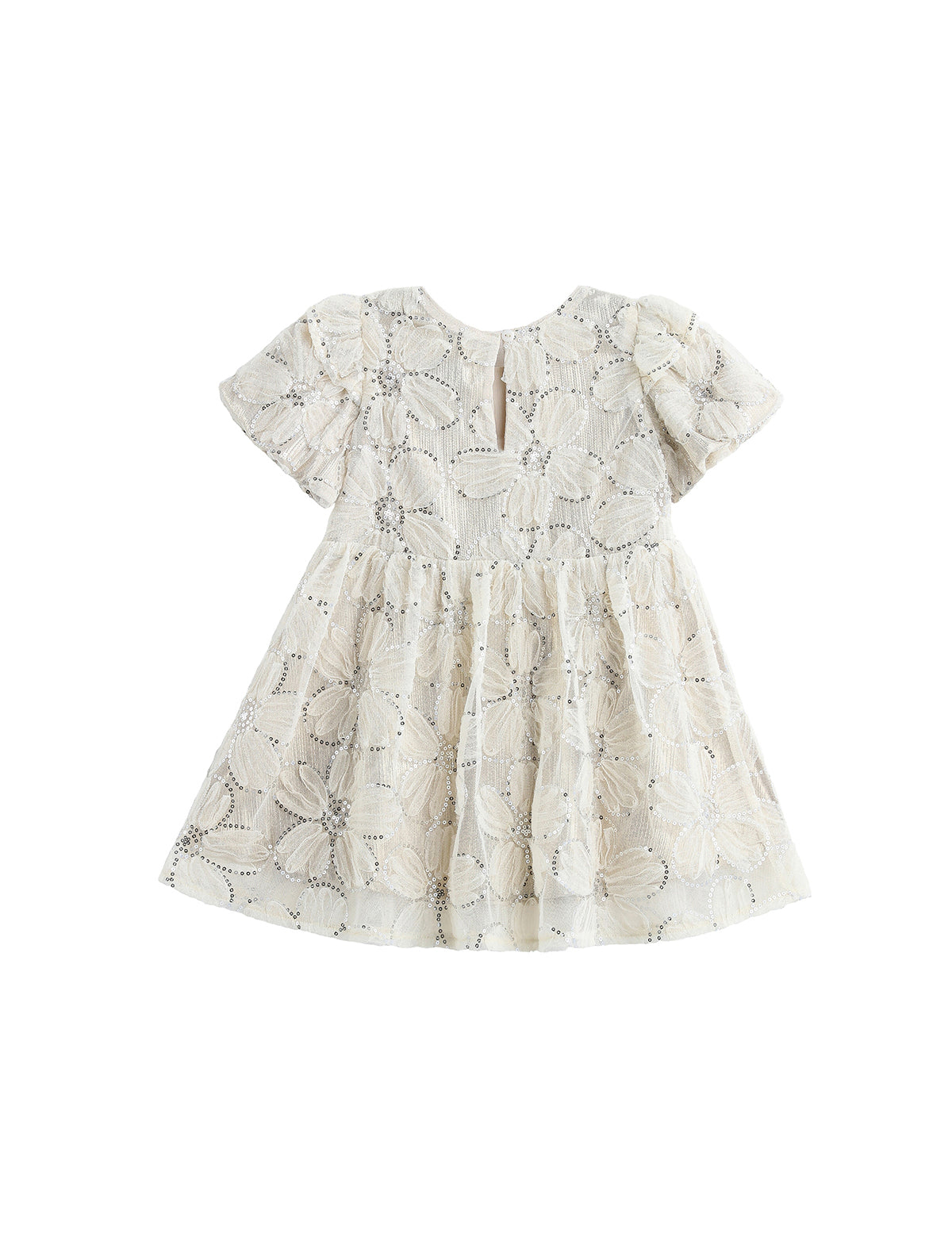 Golden Goose Short Sleeve Floral Sequin Ruffle Sleeve Empire Waist Dress