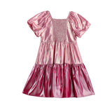 Berry Blush Short Sleeve Color Block Tiered Puff Sleeve Dress