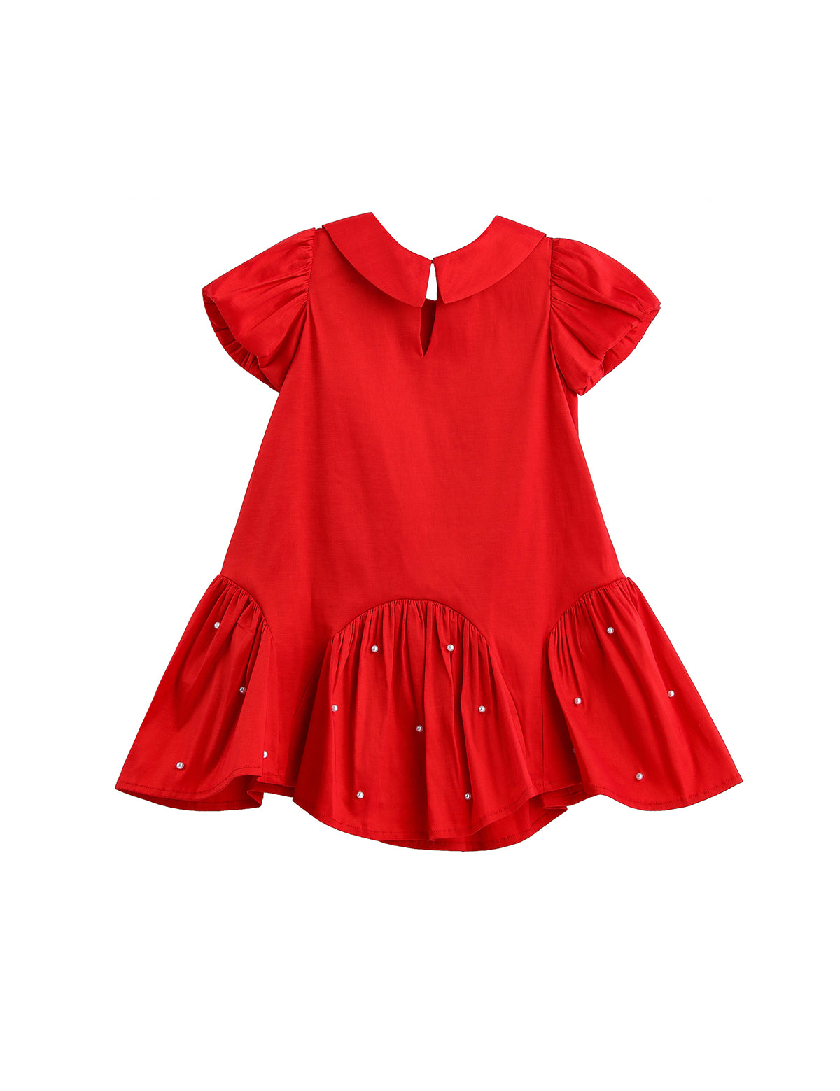 Crimson Glow Short Sleeve Peter Pan Collar Pearl Embellished Dropwaist Dress