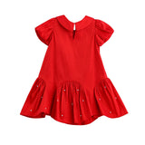 Crimson Glow Short Sleeve Peter Pan Collar Pearl Embellished Dropwaist Dress