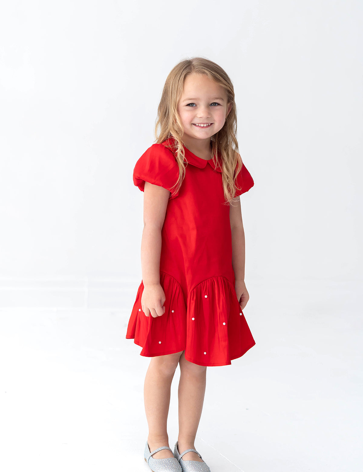Crimson Glow Short Sleeve Peter Pan Collar Pearl Embellished Dropwaist Dress