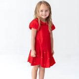 Crimson Glow Short Sleeve Peter Pan Collar Pearl Embellished Dropwaist Dress
