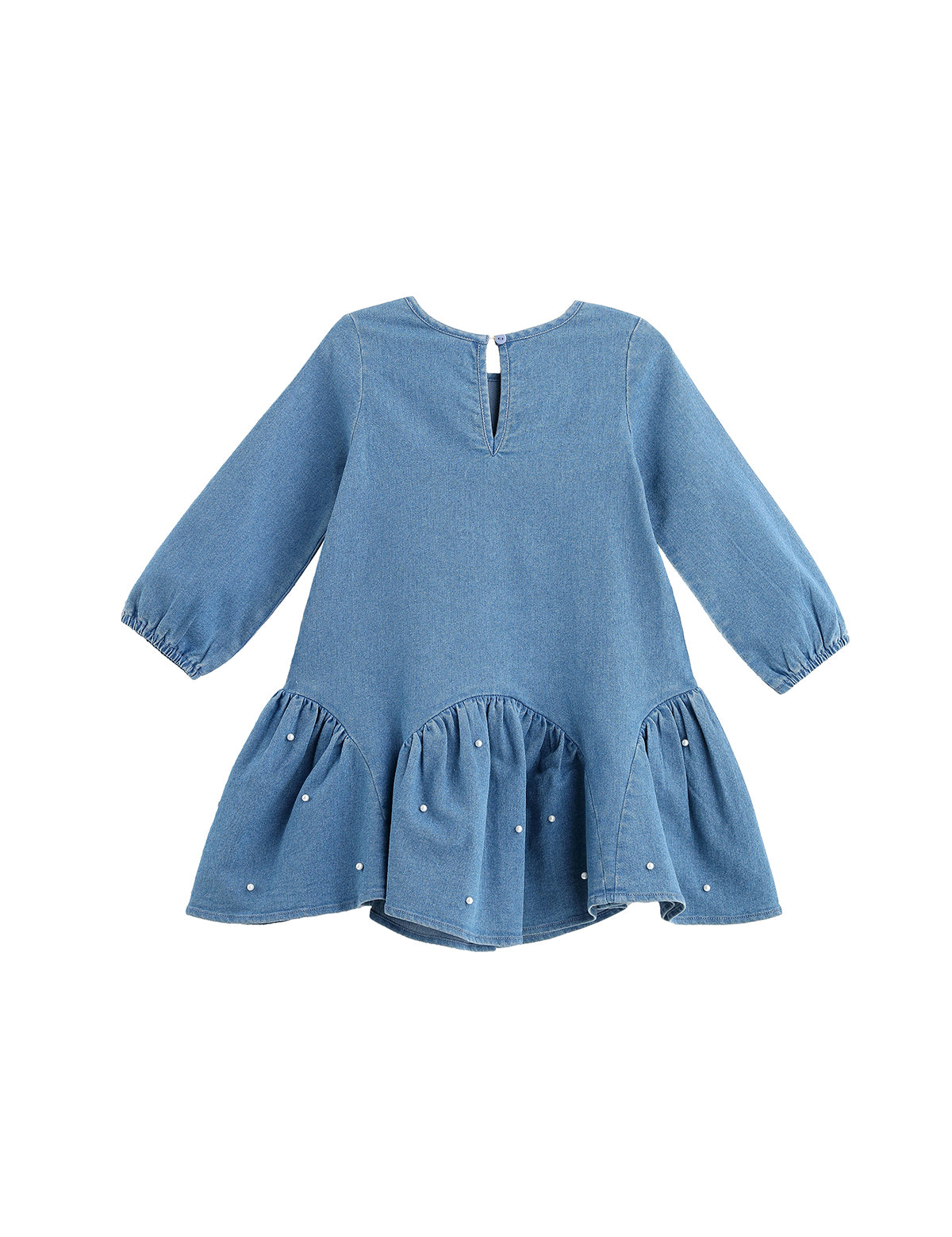 Denim Doll Long Sleeve Solid Pearl Embellished Dropwaist Dress