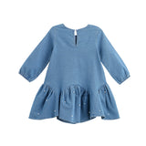 Denim Doll Long Sleeve Solid Pearl Embellished Dropwaist Dress