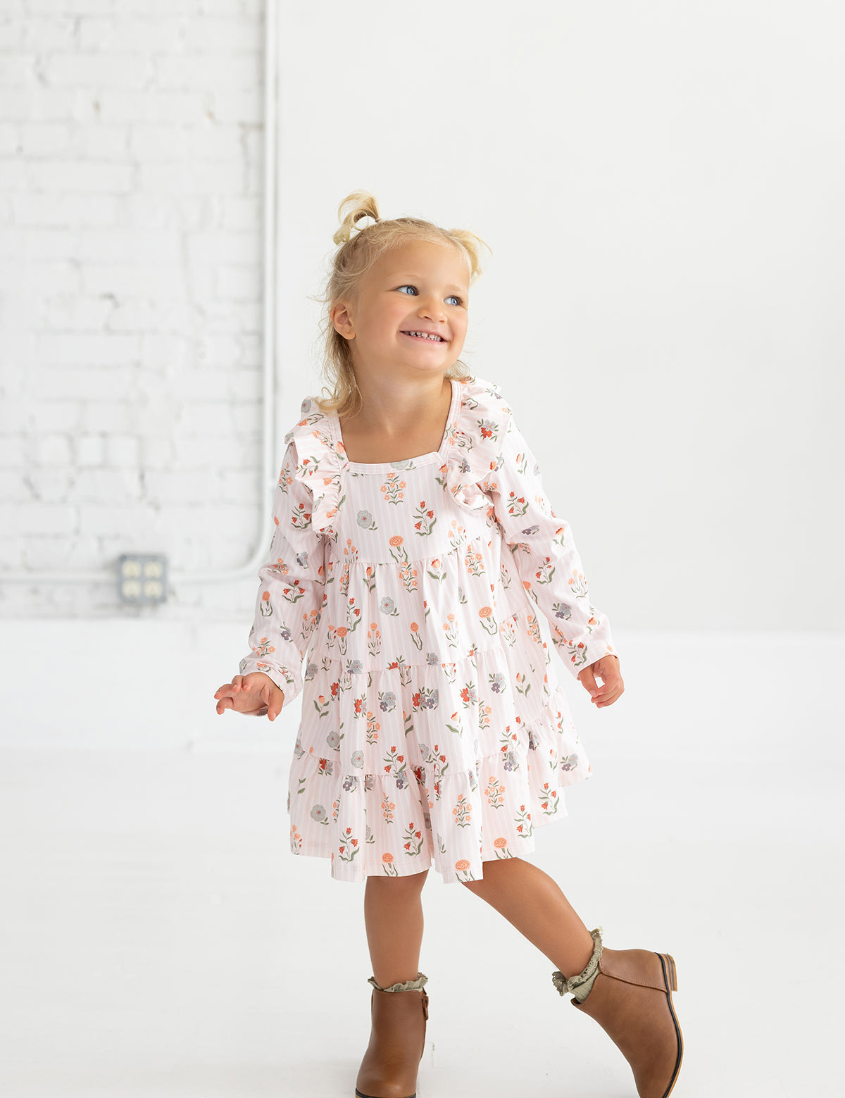 Amelia Rose Long Sleeve Floral Ruffle Trim Tiered Dress