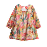 Watercolor Whimsey Long Sleeve Floral Tiered Ruffle Waist Dress