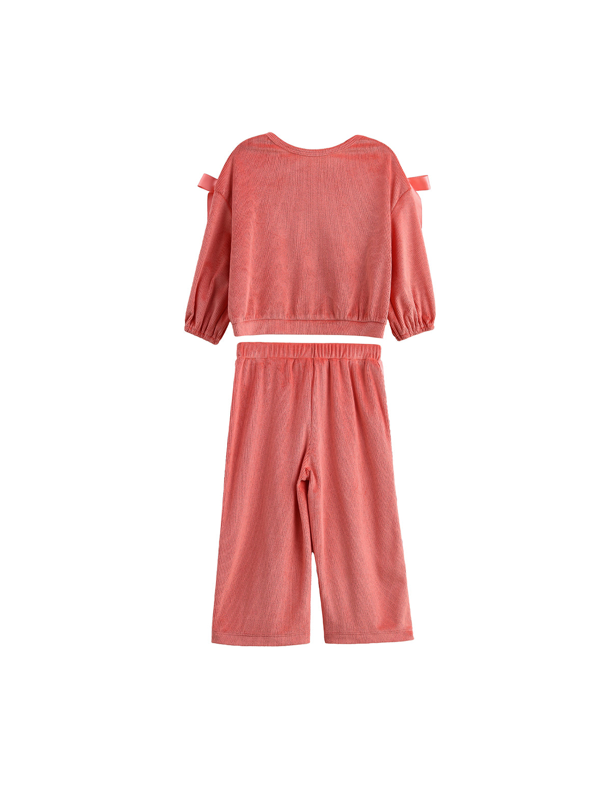Poppy Rose Long Sleeve Ribbed Bow Tie Top and Wide Leg Pant Set