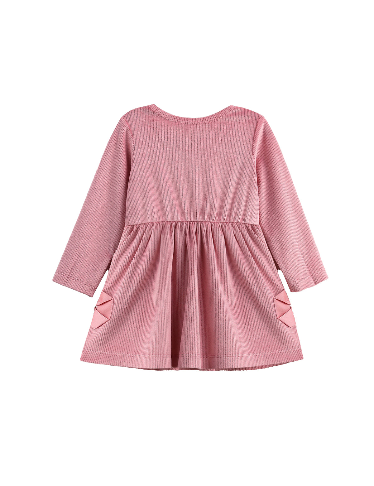 Bowtiful Blush Long Sleeve Solid Ribbed Bow Trim A Line Dress