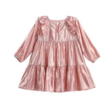Rosy Glow Long Sleeve Metallic Ruffle Trim Tiered Dress