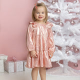 Rosy Glow Long Sleeve Metallic Ruffle Trim Tiered Dress