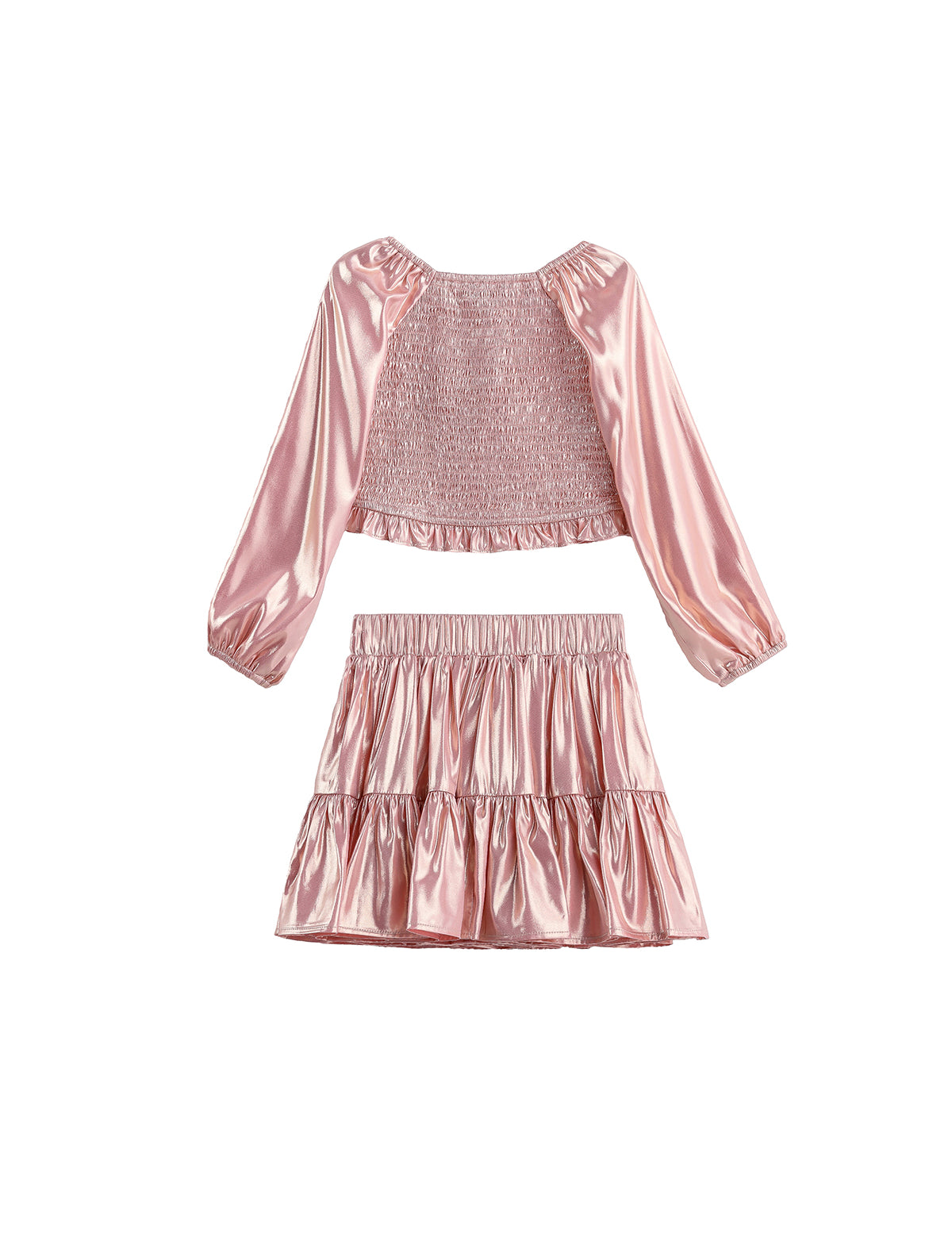 Rosy Glow Long Sleeve Smocked Metallic Tiered Skirt Set