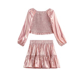 Rosy Glow Long Sleeve Smocked Metallic Tiered Skirt Set