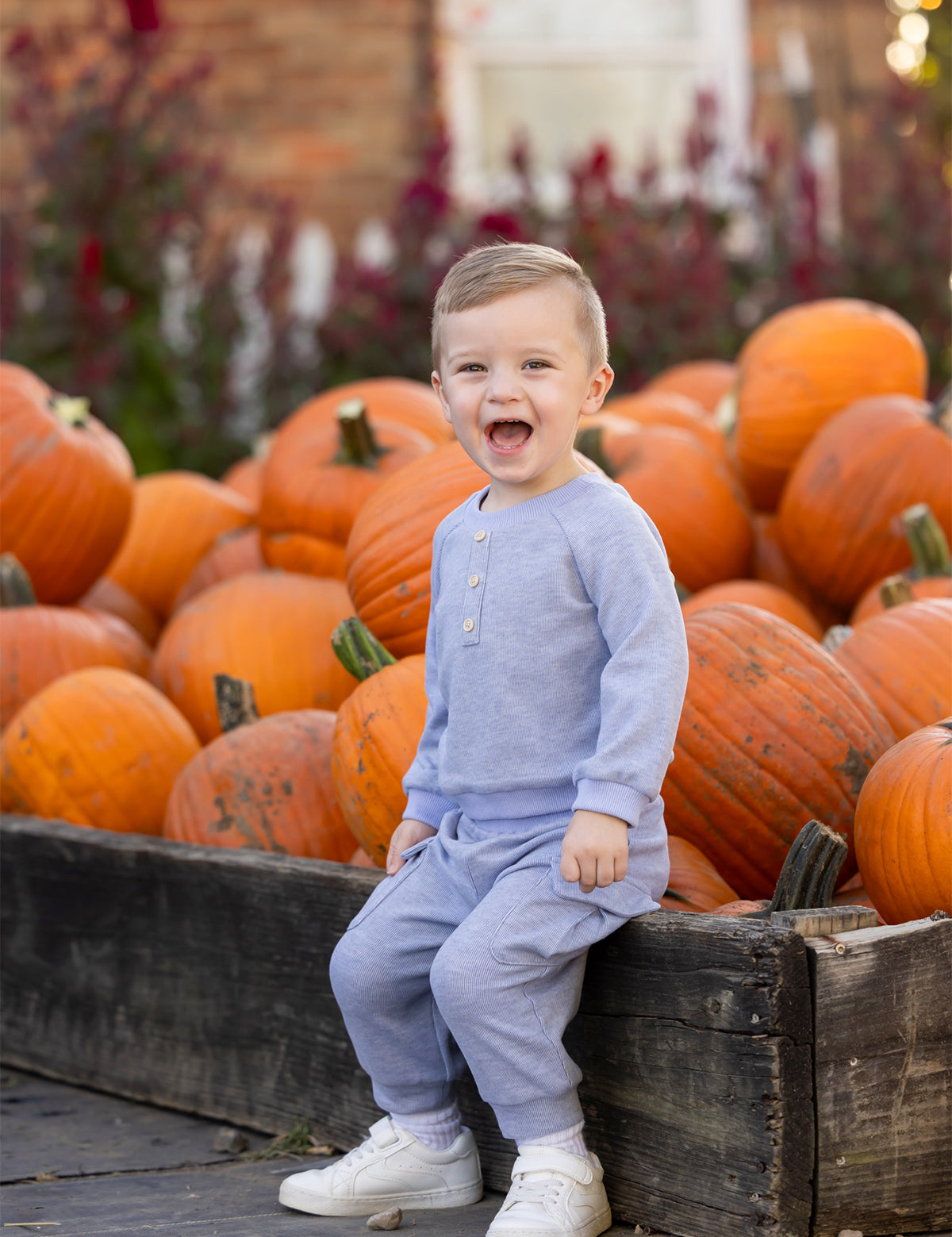 A young child in the Beckett and Bear Daniel Long Sleeve Solid Henley Cargo Jogger Set sits on a wooden box filled with pumpkins, smiling and laughing outdoors on a sunny day.