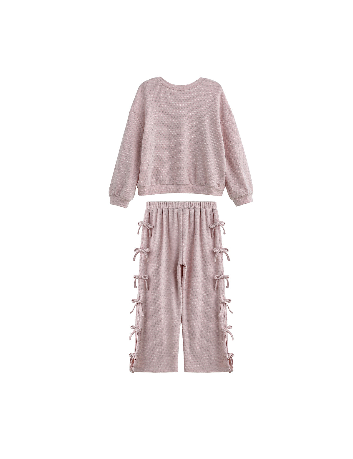 Emma Long Sleeve Textured Bow Tie Trim Top and Pant Set