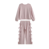Emma Long Sleeve Textured Bow Tie Trim Top and Pant Set
