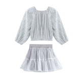 Shimmer Shine Long Sleeve Metallic Pleated Top and Tiered Skirt Set