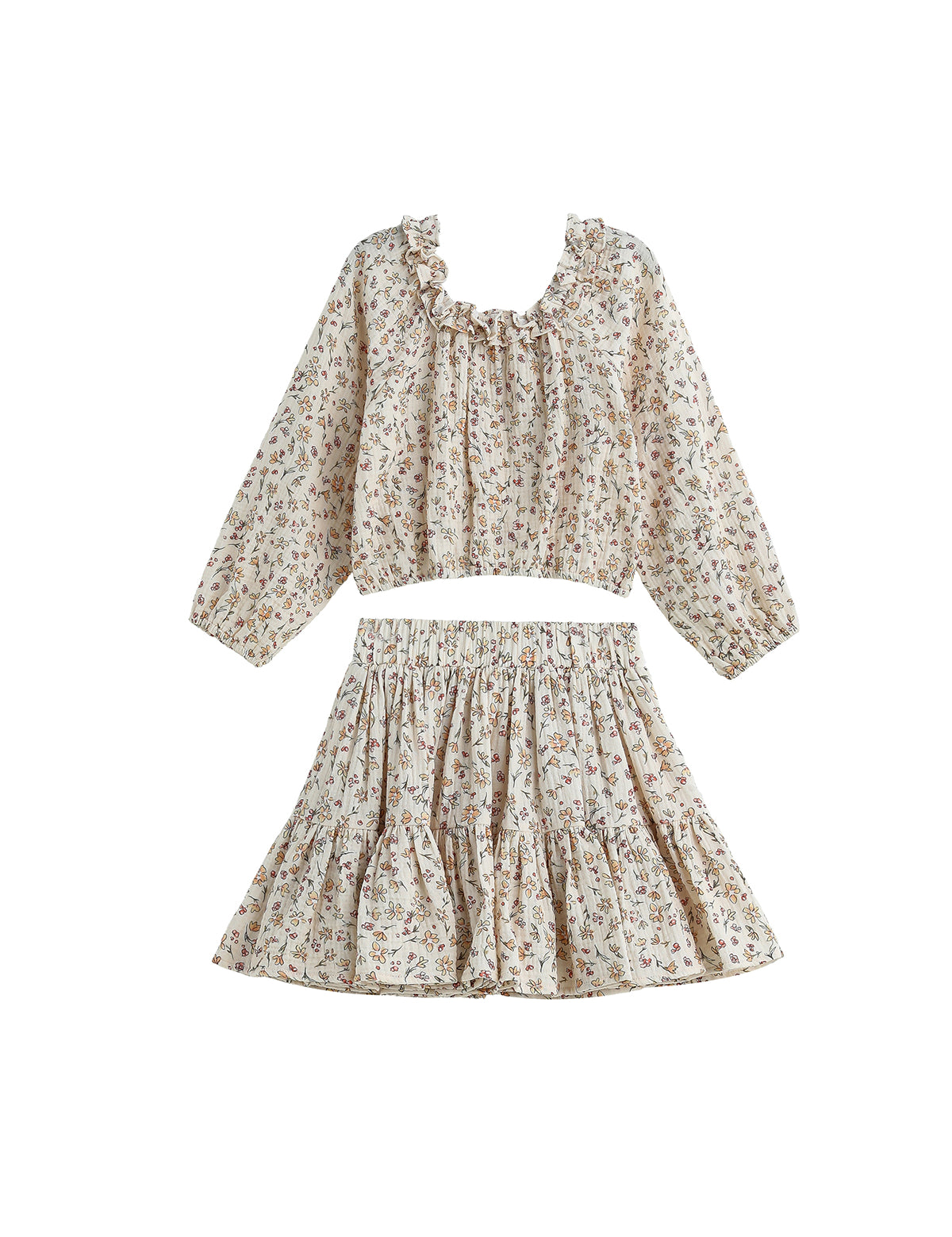 Autumn Breeze Long Sleeve Floral Ruffle Neck Top and Skirt Set