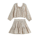 Autumn Breeze Long Sleeve Floral Ruffle Neck Top and Skirt Set