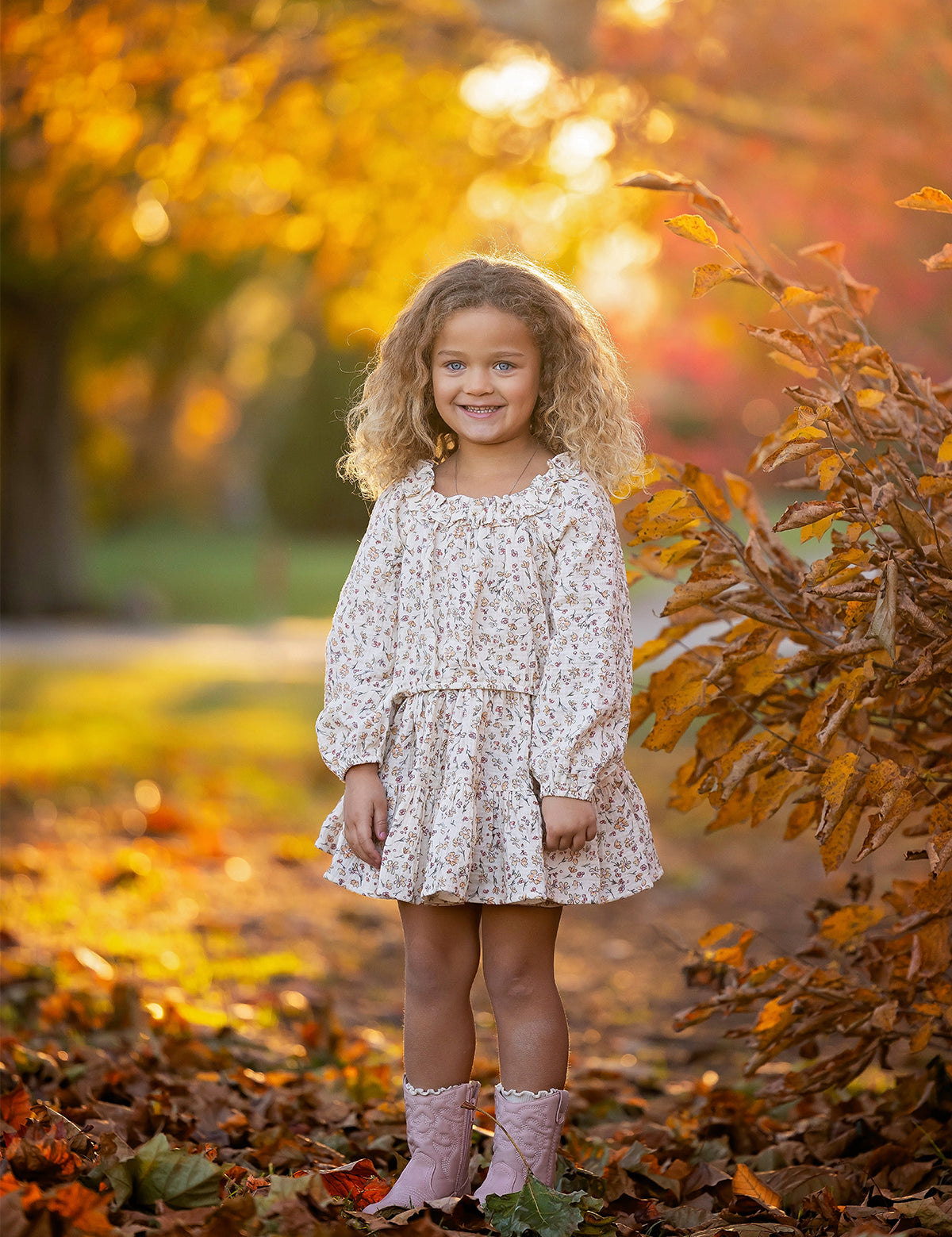 Autumn Breeze Long Sleeve Floral Ruffle Neck Top and Skirt Set