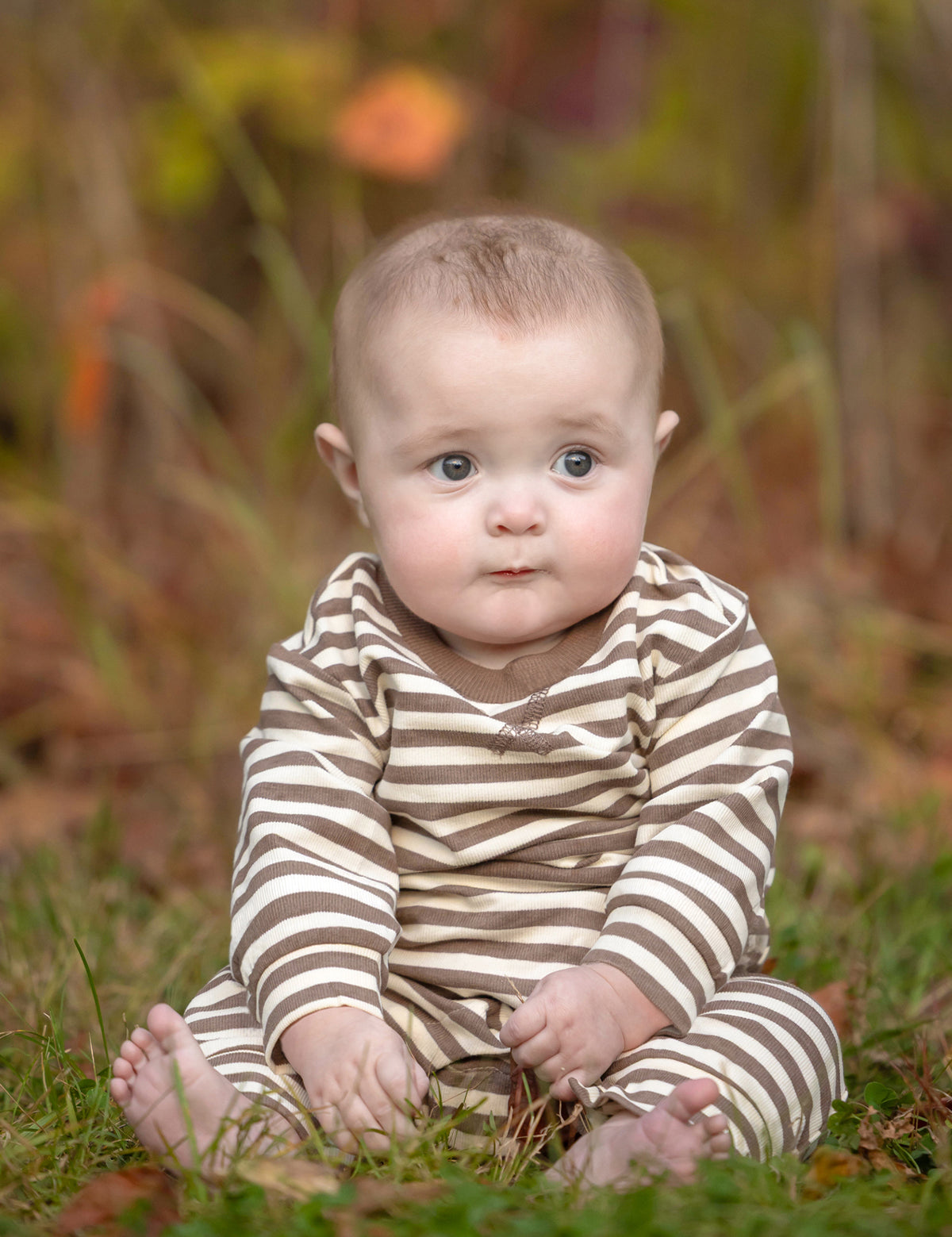 A baby with short hair sits on the grass, looking ahead with a neutral expression, dressed in the Beckett and Bear Max Long Sleeve Striped Ribbed Trim Jogger Leg Romper featuring convenient snap closures. The background is blurred with autumnal colors.