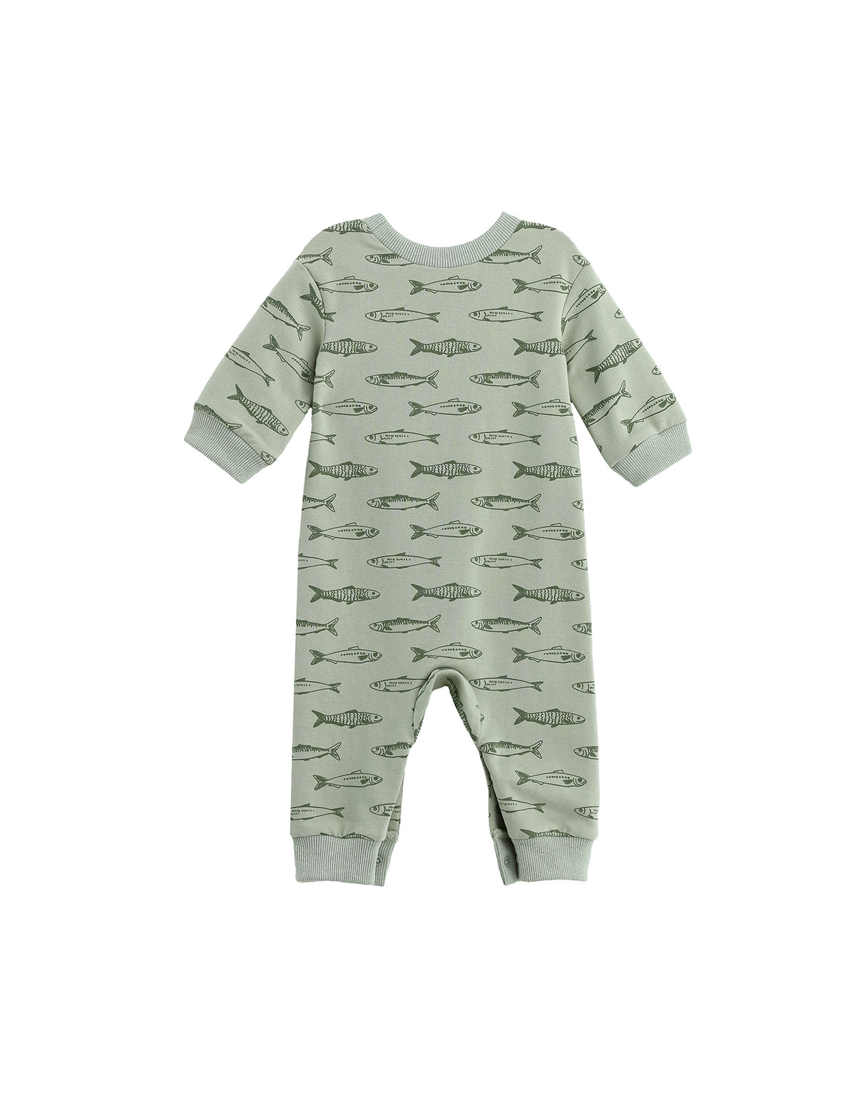 Matthew Long Sleeve Fish Print Ribbed Trim Button Placket Romper