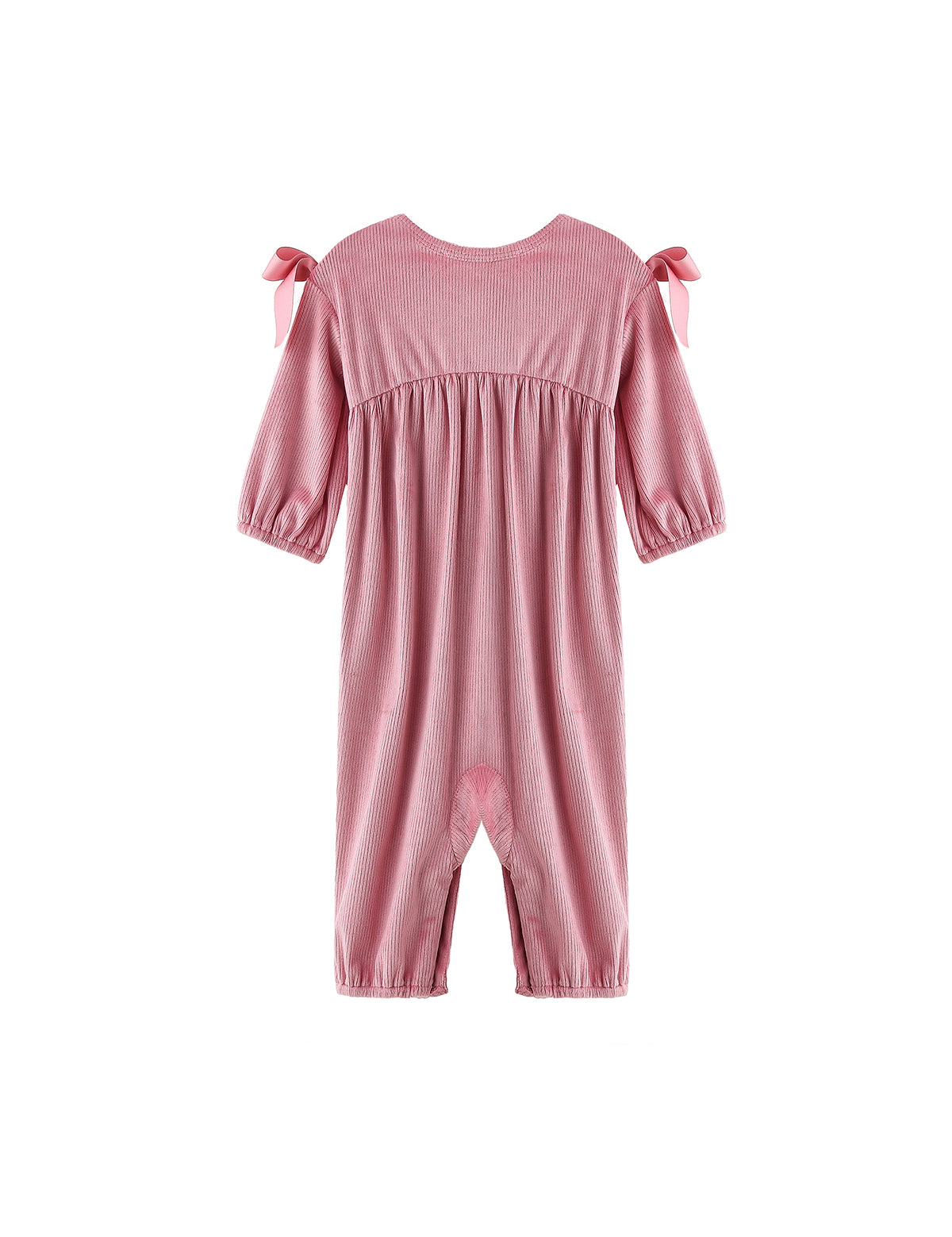 Bowtiful Blush Long Sleeve Ribbed Shoulder Bow Tie Bubble Romper