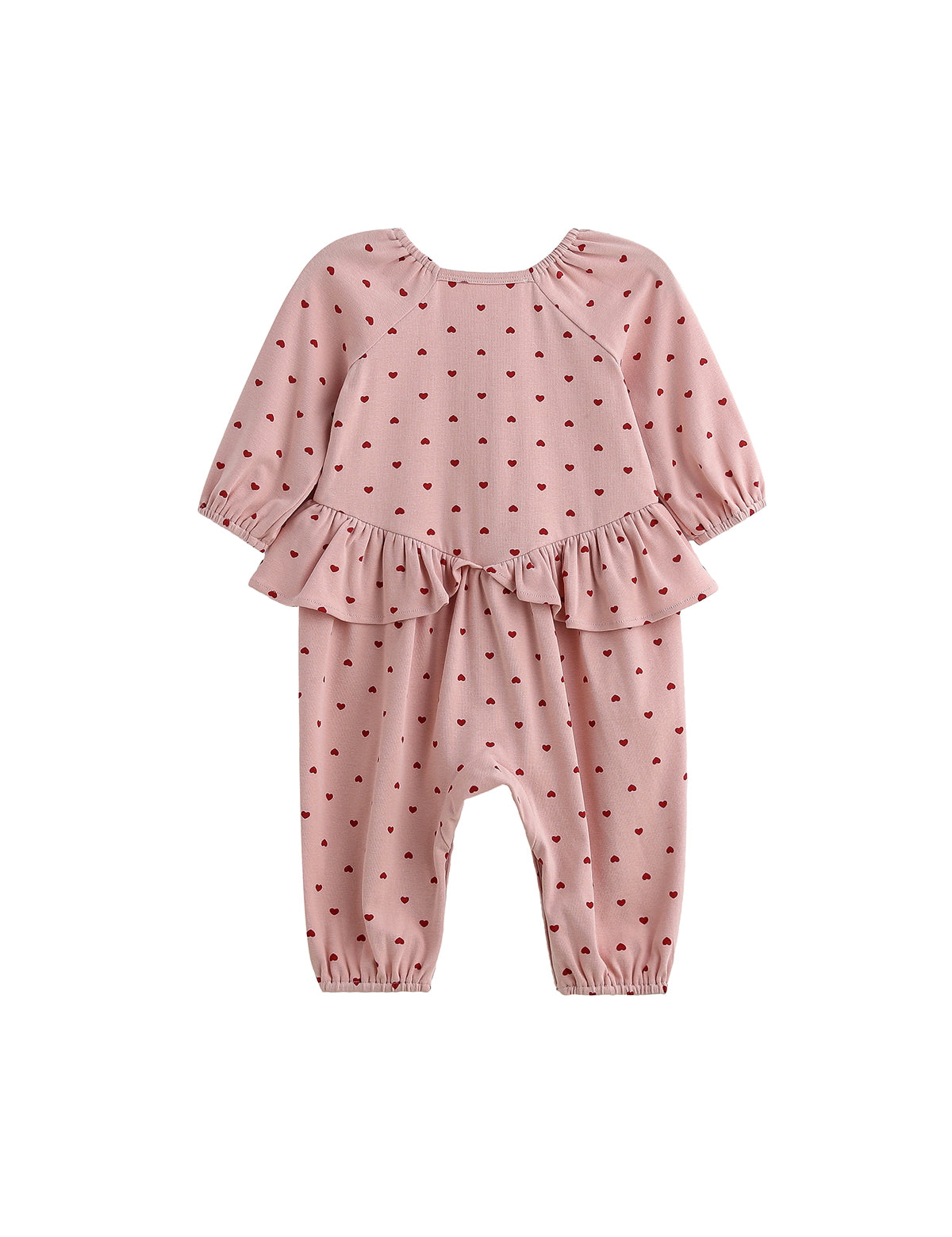 Love me Lots Long Sleeve Heart Print Ruffle Waist Romper