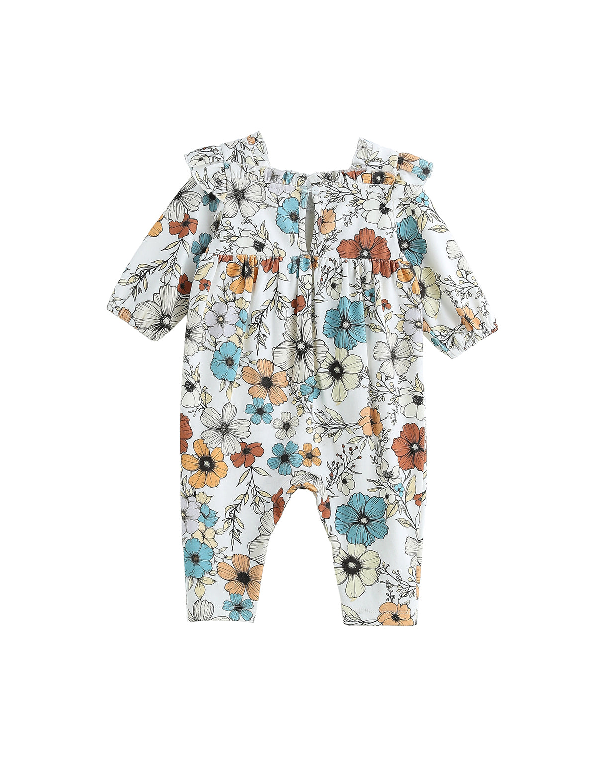 Autumn Blooms Long Sleeve Floral Ruffle Trim Straight Leg Romper
