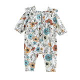 Autumn Blooms Long Sleeve Floral Ruffle Trim Straight Leg Romper