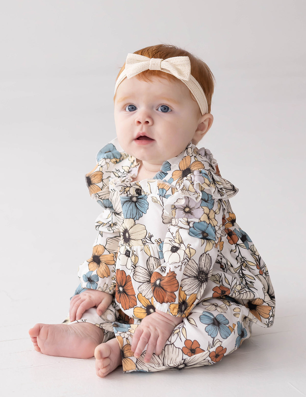 Autumn Blooms Long Sleeve Floral Ruffle Trim Straight Leg Romper